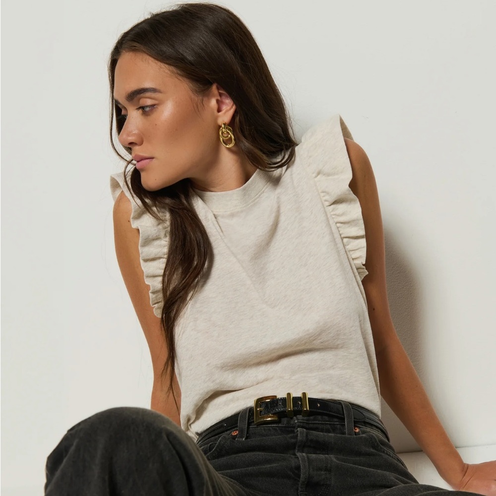 Nation LTD Cream Ruffle Shoulder Muscle Tee